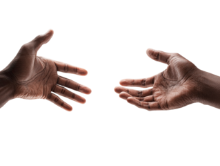 Two hands reaching to meet in a handshake against a black background.  Detailed view of skin textures