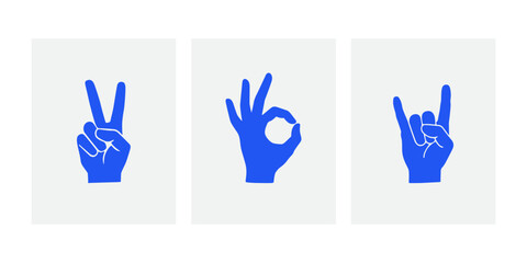 Blue Hand Signs Silhouette Set with Peace Okay and Rock Gesture