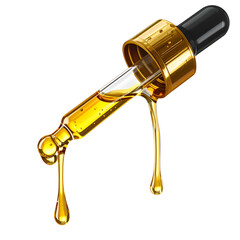 Stylized golden dropper dispenses clear, viscous liquid with a black rubber bulb
