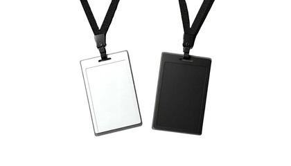 Two blank rectangular ID badges, one white, one black, hanging by black lanyards