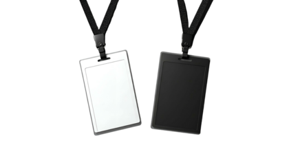 Two blank rectangular ID badges, one white, one black, hanging by black lanyards