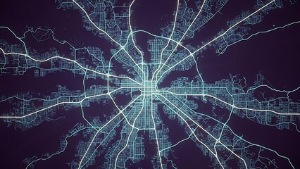Abstract Digital City Map with Glowing Road Networks Illustrating Urban Connectivity, Data Visualization, and Modern Infrastructure Technology