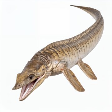 Isolated plesiosaur model exhibiting prehistoric details on a pristine white backdrop