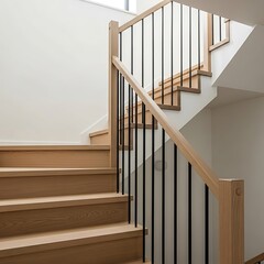 Interior design featuring modern staircase with minimalist wood and black railings