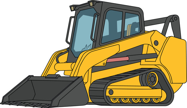 Yellow compact track loader illustration, modern construction skid steer vehicle with bucket, heavy machinery for building, industry and earthmoving