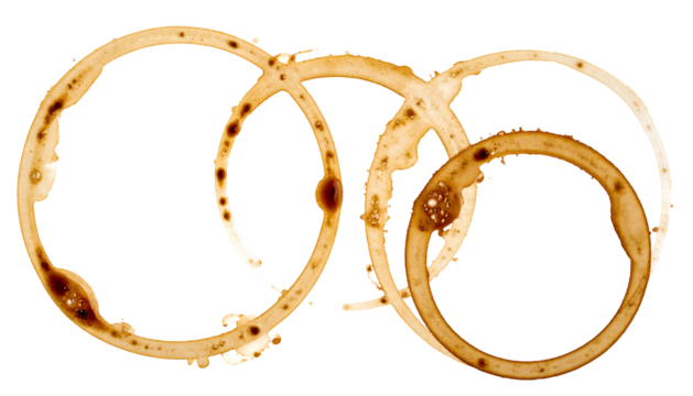 Brown coffee cup rings overlapping on black background, abstract design - Powered by Adobe