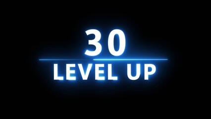 Neon level up 30 number illustration. Neon next level.  Neon level up text on black background.