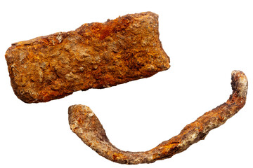 Old unknown rusty objects isolated on white background. The usual magnet fishing finds.
