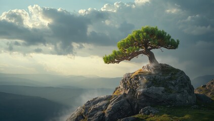 Bonsai pine with rugged root system on rocky terrain under overcast sky, environmental adaptation