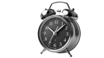 Classic Metal Alarm Clock Isolated on Transparent Background, Vintage Analog Desk Clock