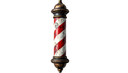 Detailed close-up of a barber's pole with spiraling red and white stripes, against black