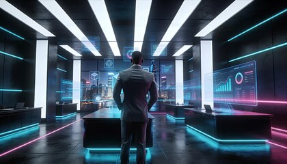 Futuristic business office city night neon light technology modern leader in digital data analytics, innovation strategy, virtual interface, AI workspace and corporate skyline success - Powered by Adobe