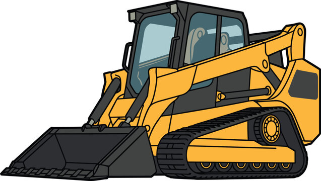 Yellow compact track loader illustration, modern construction skid steer vehicle with bucket, heavy machinery for building, industry and earthmoving