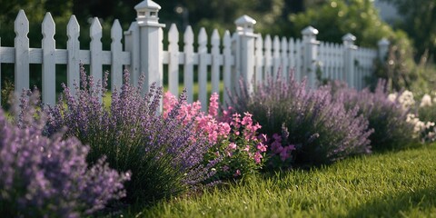 Vivid purple lavender and salvia in a garden border, highlighting seasonal planting and garden aesthetics