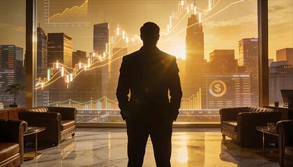 Business man silhouette in finance city at sunset leadership success investment ambition vision of profit growth wealth trading chart skyline sunrise office determination - Powered by Adobe
