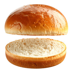 Isolated image of a sesame seed-topped hamburger bun, split in two, showing soft interior
