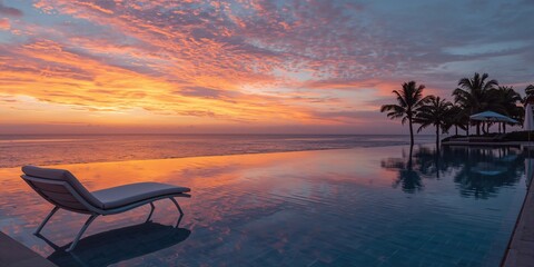 Tropical sunset over an outdoor infinity pool at a seaside resort, ideal for relaxation and leisure, summer solstice