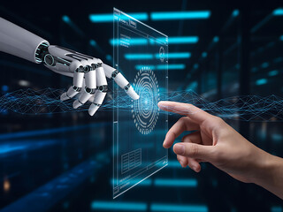 Human and robot hand touching a futuristic holographic screen for digital interface interaction
