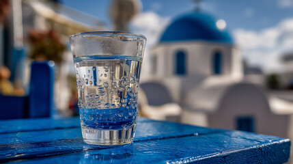 ouzo. Chilled ouzo glass on a table between blue dome and white walls. bar promotions, beverage menus, packaging labels, designed for product packaging and bar promotions, used by copywriters.