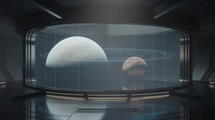 Futuristic space station control room with planets and orbital grid display