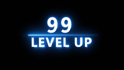 Neon level up 99 number illustration. Neon next level.  Neon level up text on black background.