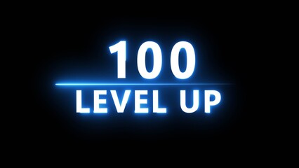 Neon level up 100 number illustration. Neon next level.  Neon level up text on black background.