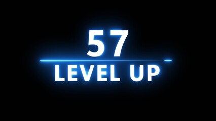 Neon level up 57 number illustration. Neon next level.  Neon level up text on black background.