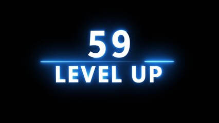 Neon level up 59 number illustration. Neon next level.  Neon level up text on black background.