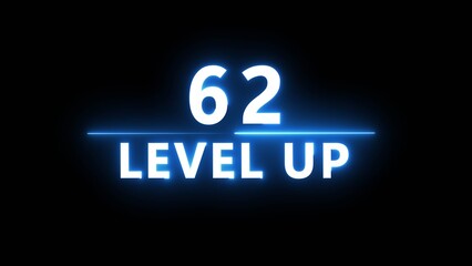 Neon level up 62 number illustration. Neon next level.  Neon level up text on black background.
