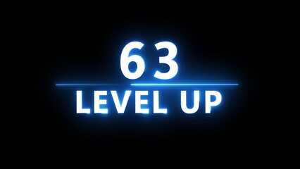 Neon level up 63 number illustration. Neon next level.  Neon level up text on black background.