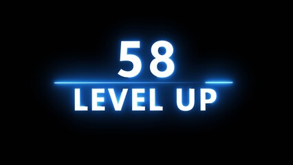 Neon level up 58 number illustration. Neon next level.  Neon level up text on black background.