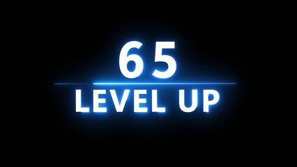 Neon level up 65 number illustration. Neon next level.  Neon level up text on black background.