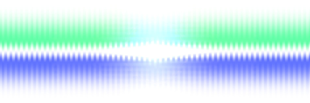 Green and blue sinusoidal waves converging at a dim center, with mirrored flow and fading amplitude