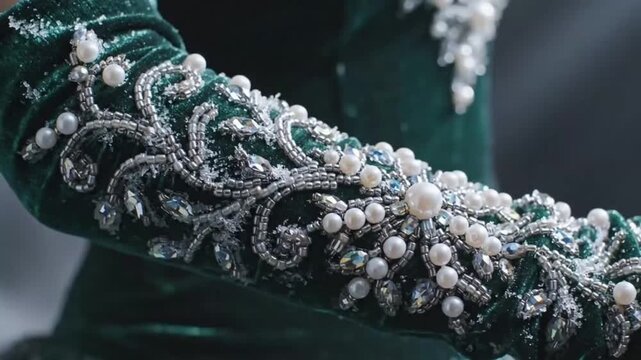 emerald green beaded dress, luxurious wedding gown, intricate sleeve decoration