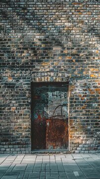 A brick wall with a single door, suitable for use as a background or for emphasizing boundaries