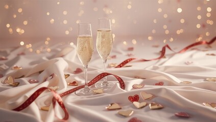 Valentines day greeting with champagne glasses and festive decor, ideal for romantic occasions