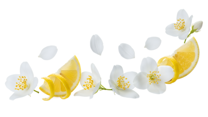 A close-up view of floating jasmine flowers and lemon slices arranged in a harmonious composition