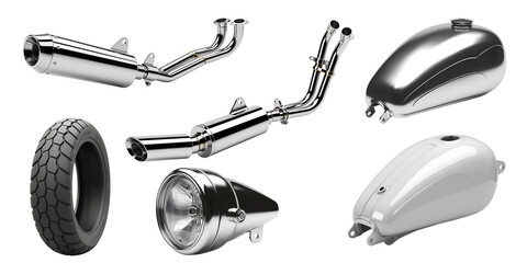 Motorcycle parts including exhausts and fuel tank