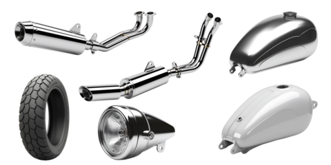 Motorcycle parts including exhausts and fuel tank