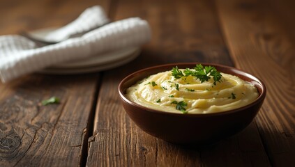 Creamy mashed potatoes garnished with herbs, used as a staple in home-cooked dinners