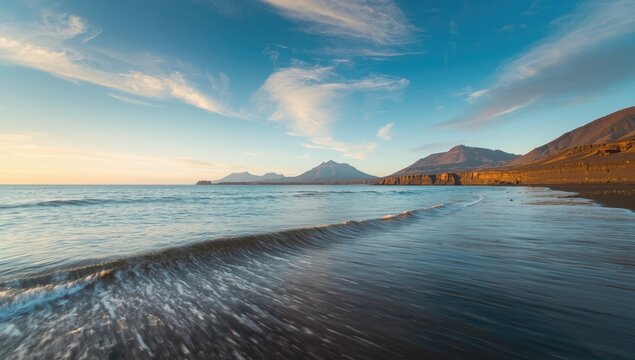 Beach scene with ocean waves of Tenesar water under summer sky, highlighting natural erosion processes, landscape, travel, nature
