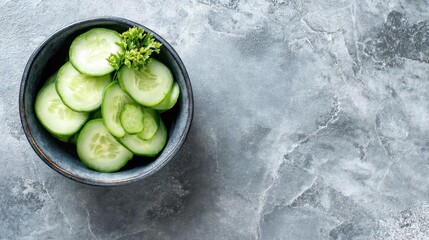 Slices of cucumber are placed in a dark bowl on a gray surface. A small green herb sprig sits on top of the cucumber. The scene occurs during daylight.
