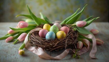 Decorative Easter eggs surrounded by tulips and silk ribbon, spring holiday arrangement
