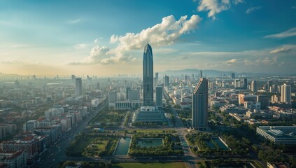 Fototapeta premium City skyline seen from above, high-rise buildings and traffic flow, World Cities Day