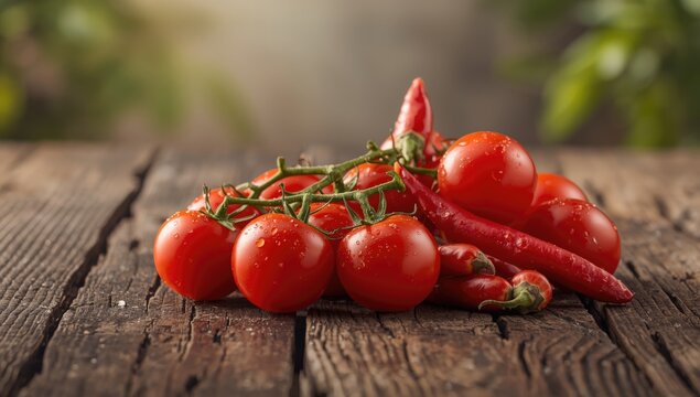 Fresh cherry tomatoes and chilli, highlighting natural ingredients for healthy eating