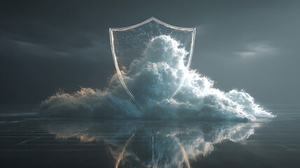 Transparent shield with stormy cloud inside on dark background with reflection