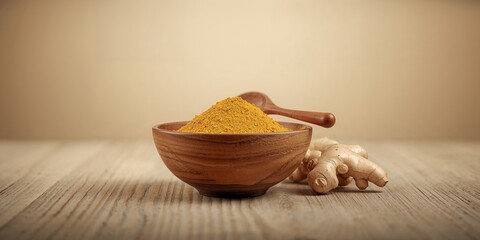 Ground ginger in a bowl with fresh ginger root, focusing on spice preparation for cooking, International Food Day