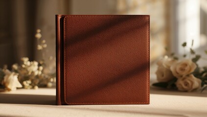 Wedding photo album with brown leather cover designed for keepsake storage, special event memento