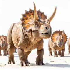 Fototapeta premium Triceratops herd roaming on a bright, expansive terrain, set against a clean white backdrop