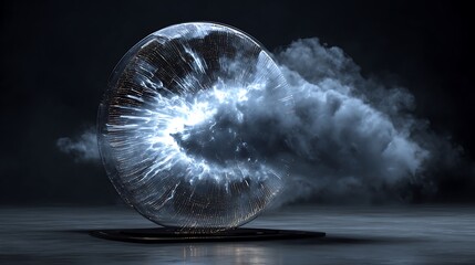 Transparent plasma ball with lightning and smoke on a dark background, dramatic lighting, mysterious atmosphere